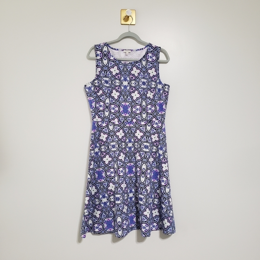 Talbots Medallion Midi Fit & Flare Dress 10 Blue White Sleeveless Preppy Boho